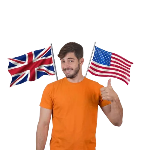 chico con franela naranja con dos banderas inglesas atras tech english academy